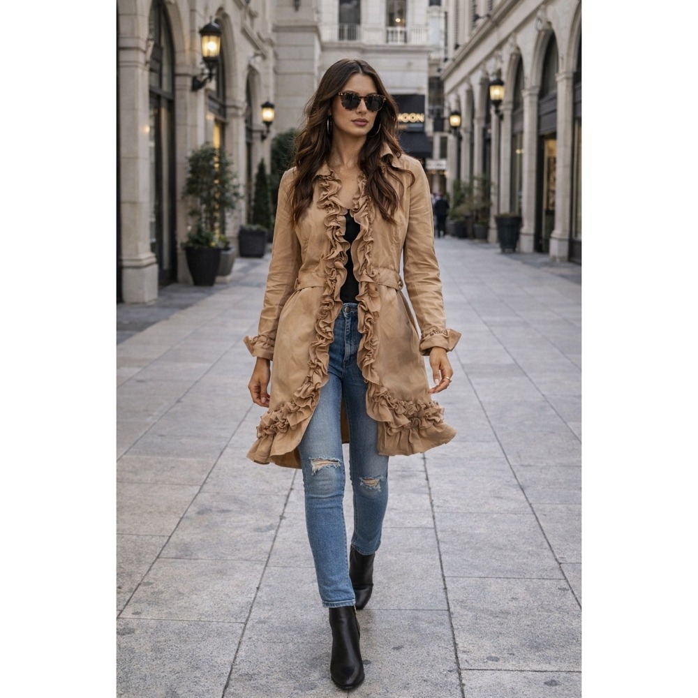 Samuel Dong Beige Ruffle Front Trench Coat Jacket Size Small